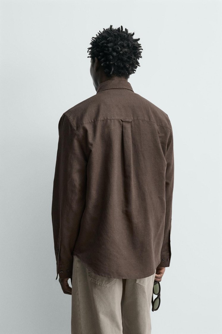 Zara HEMP-COTTON REGULAR FIT SHIRT — Brown