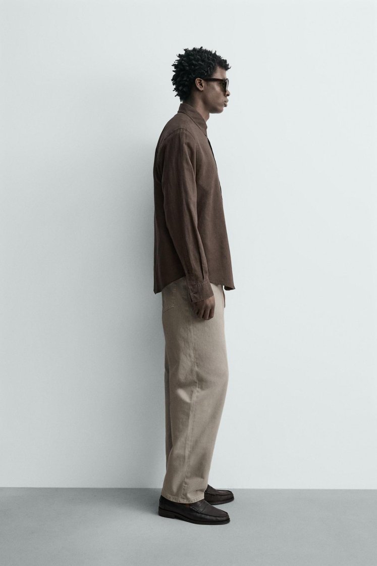 Zara HEMP-COTTON REGULAR FIT SHIRT — Brown
