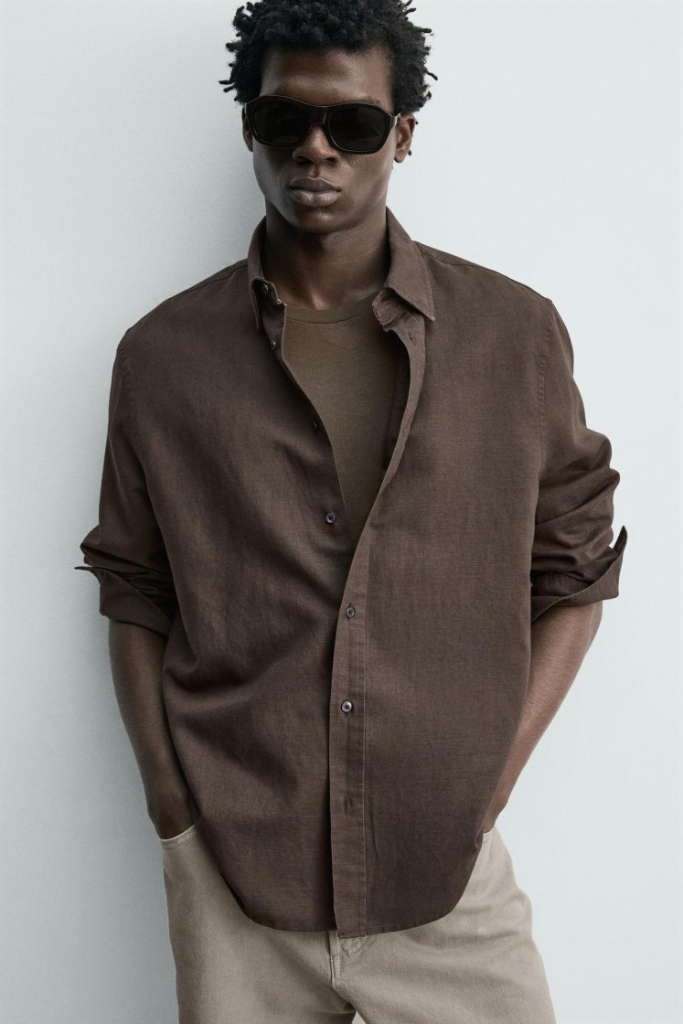 Zara HEMP-COTTON REGULAR FIT SHIRT — Brown