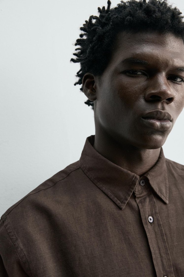 Zara HEMP-COTTON REGULAR FIT SHIRT — Brown