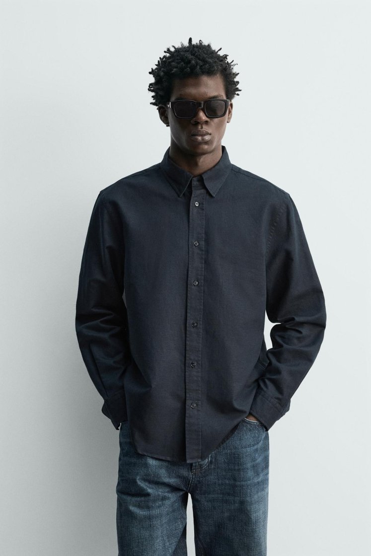 Zara HEMP-COTTON REGULAR FIT SHIRT — Dark navy