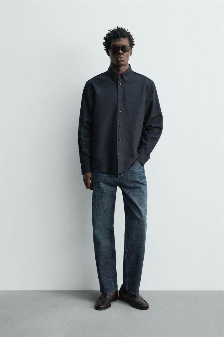 Zara HEMP-COTTON REGULAR FIT SHIRT — Dark navy
