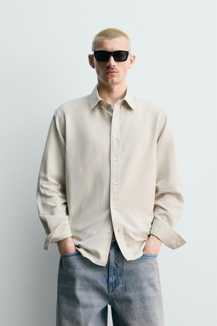 Zara HEMP-COTTON REGULAR FIT SHIRT — Sand