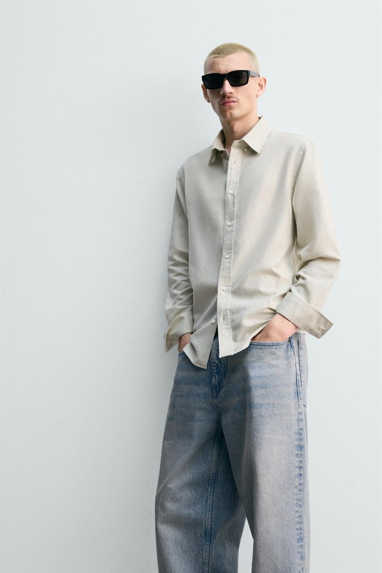 Zara HEMP-COTTON REGULAR FIT SHIRT — Sand