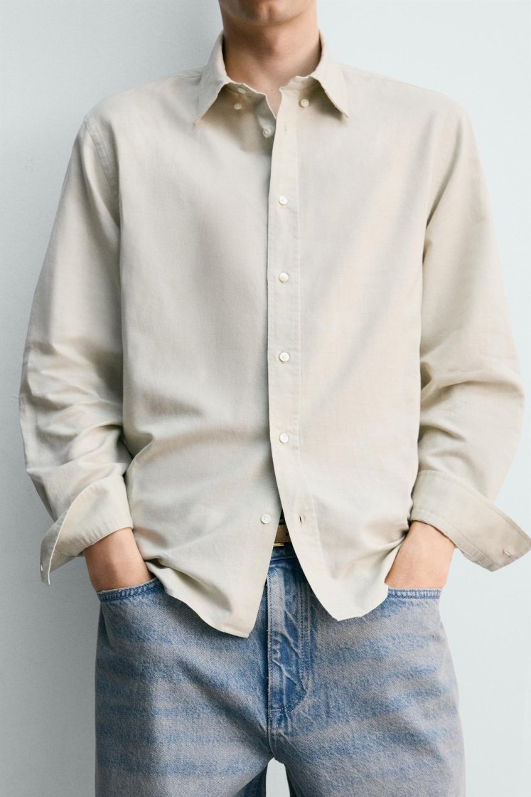 Zara HEMP-COTTON REGULAR FIT SHIRT — Sand