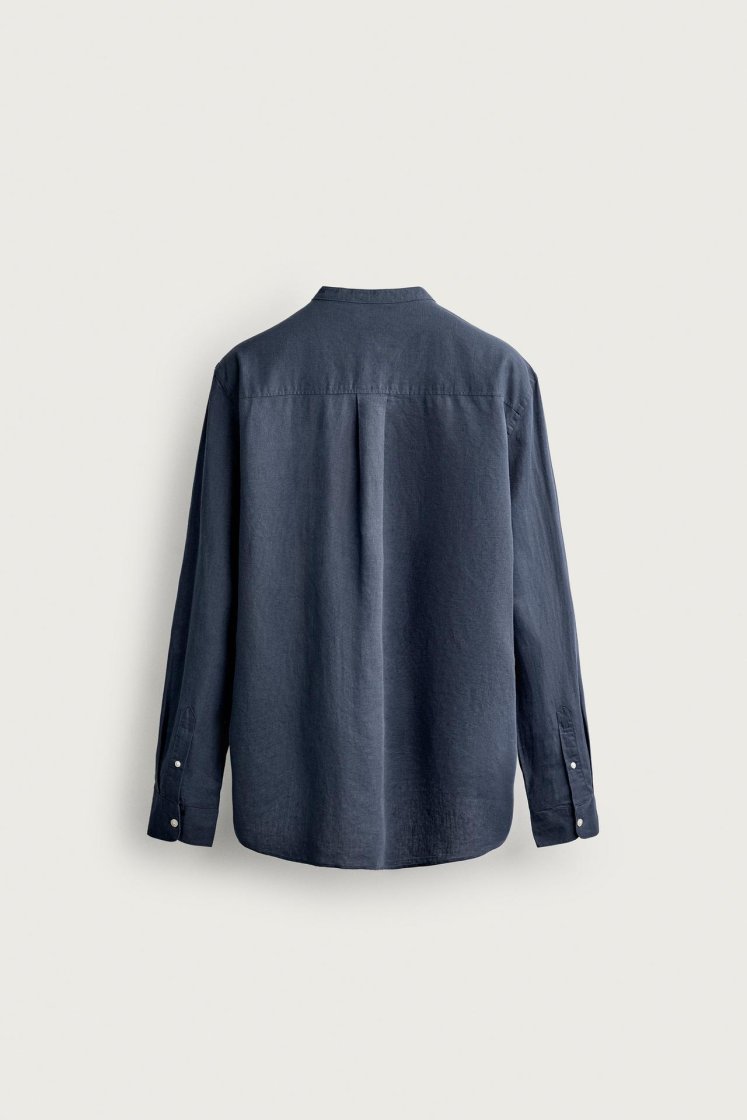 Zara Linen-Cotton Mandarin Shirt — Blue