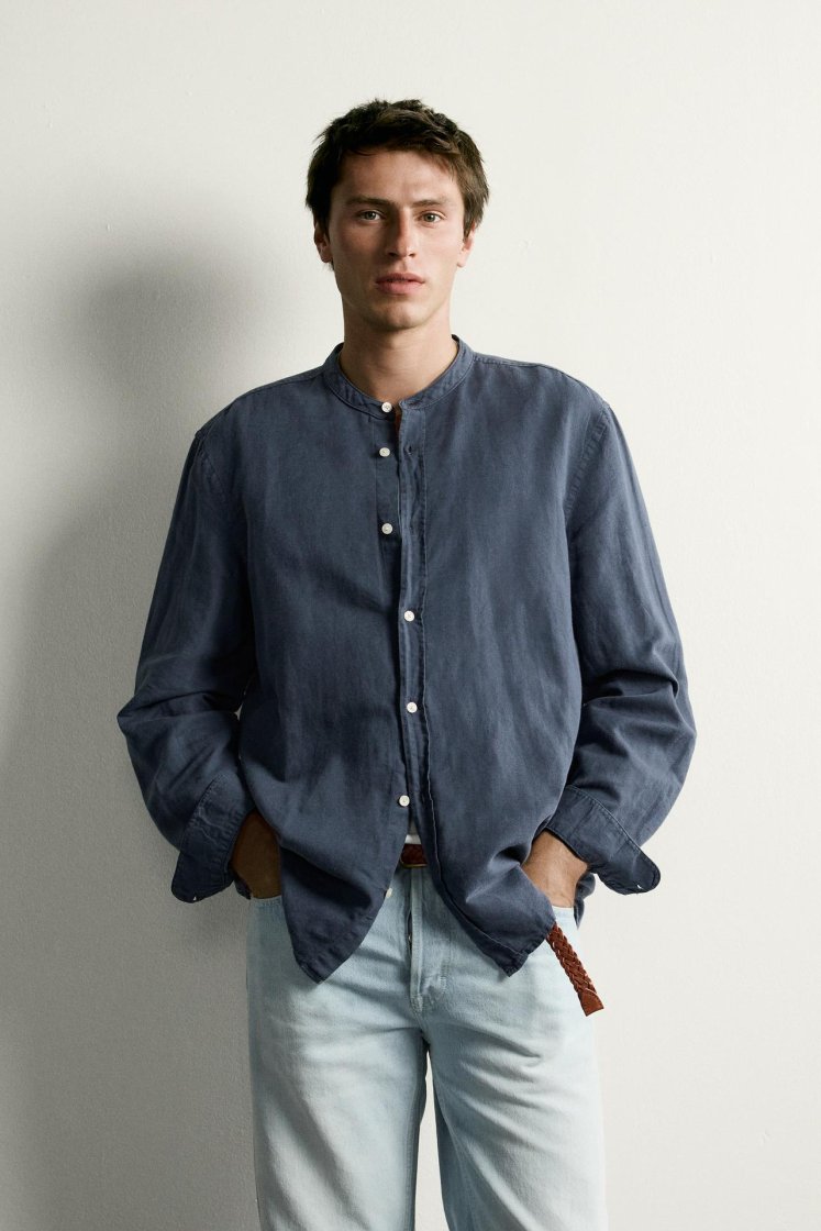 Zara Linen-Cotton Mandarin Shirt — Blue