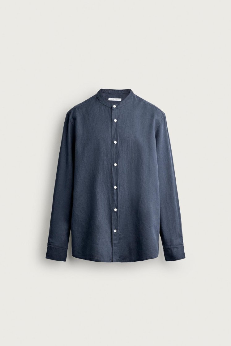 Zara Linen-Cotton Mandarin Shirt — Blue