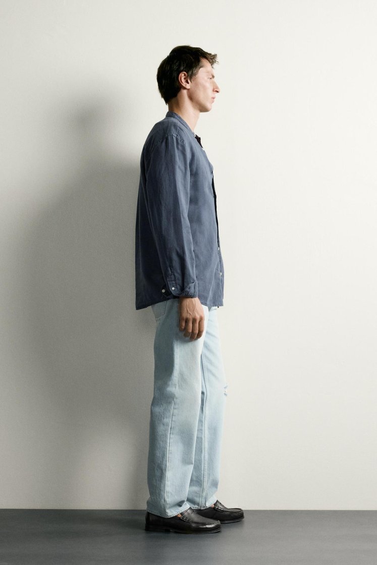 Zara Linen-Cotton Mandarin Shirt — Blue