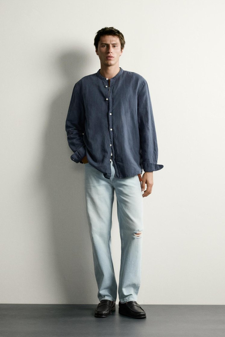 Zara Linen-Cotton Mandarin Shirt — Blue