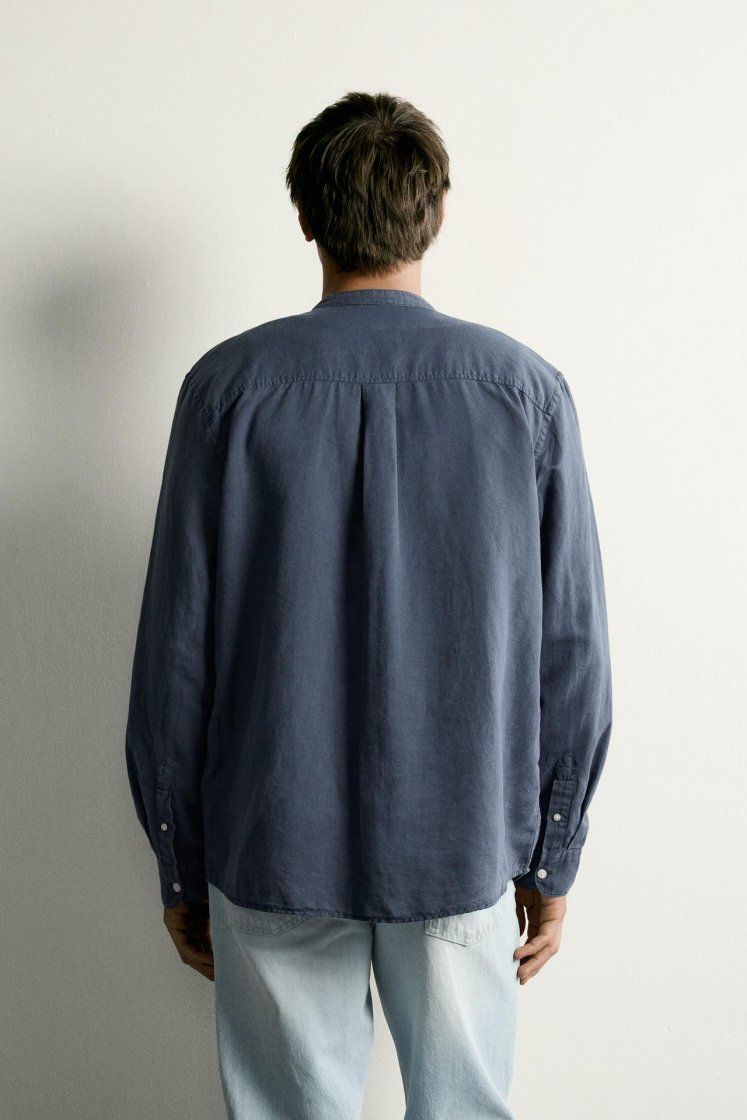 Zara Linen-Cotton Mandarin Shirt — Blue