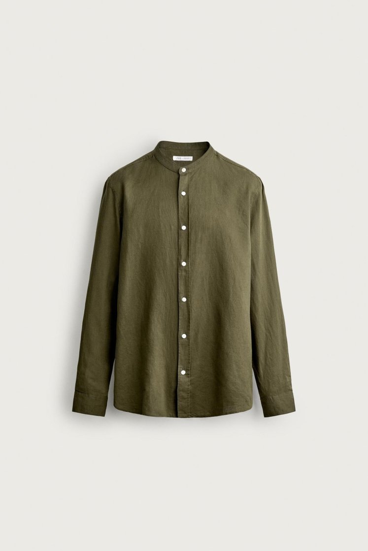 Zara Linen-Cotton Mandarin Shirt — Kaki