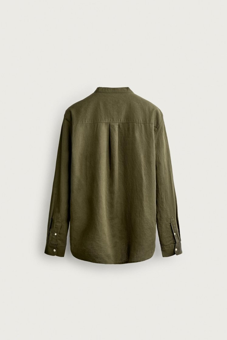 Zara Linen-Cotton Mandarin Shirt — Kaki