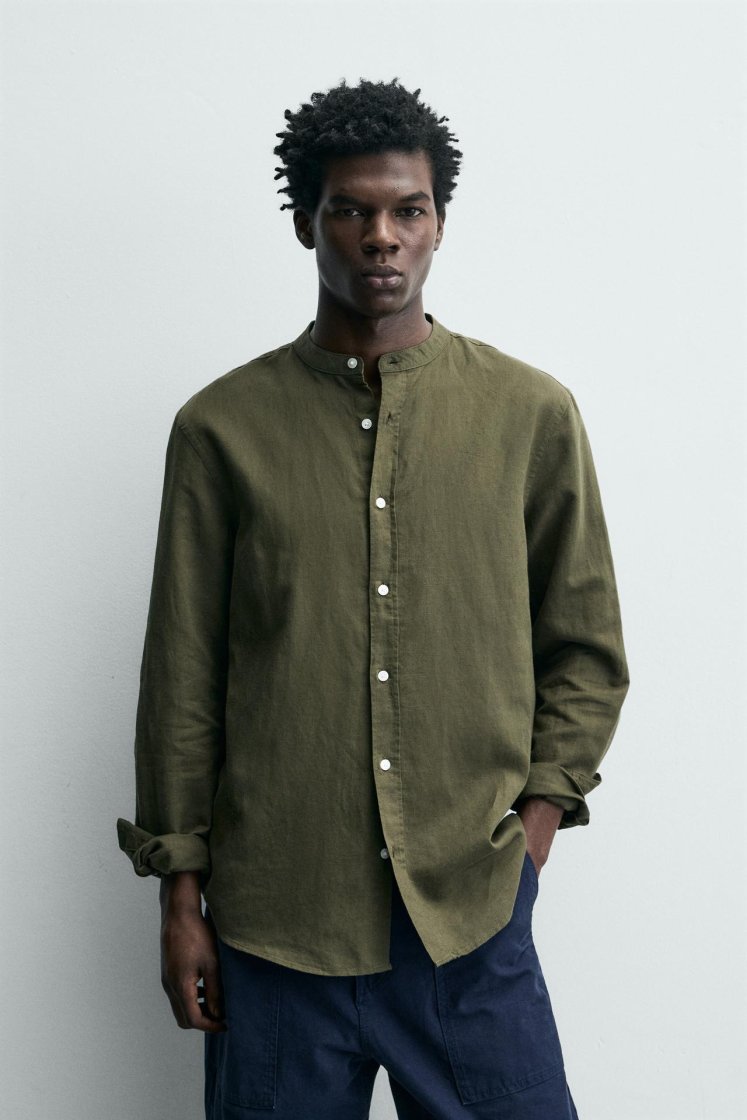 Zara Linen-Cotton Mandarin Shirt — Kaki