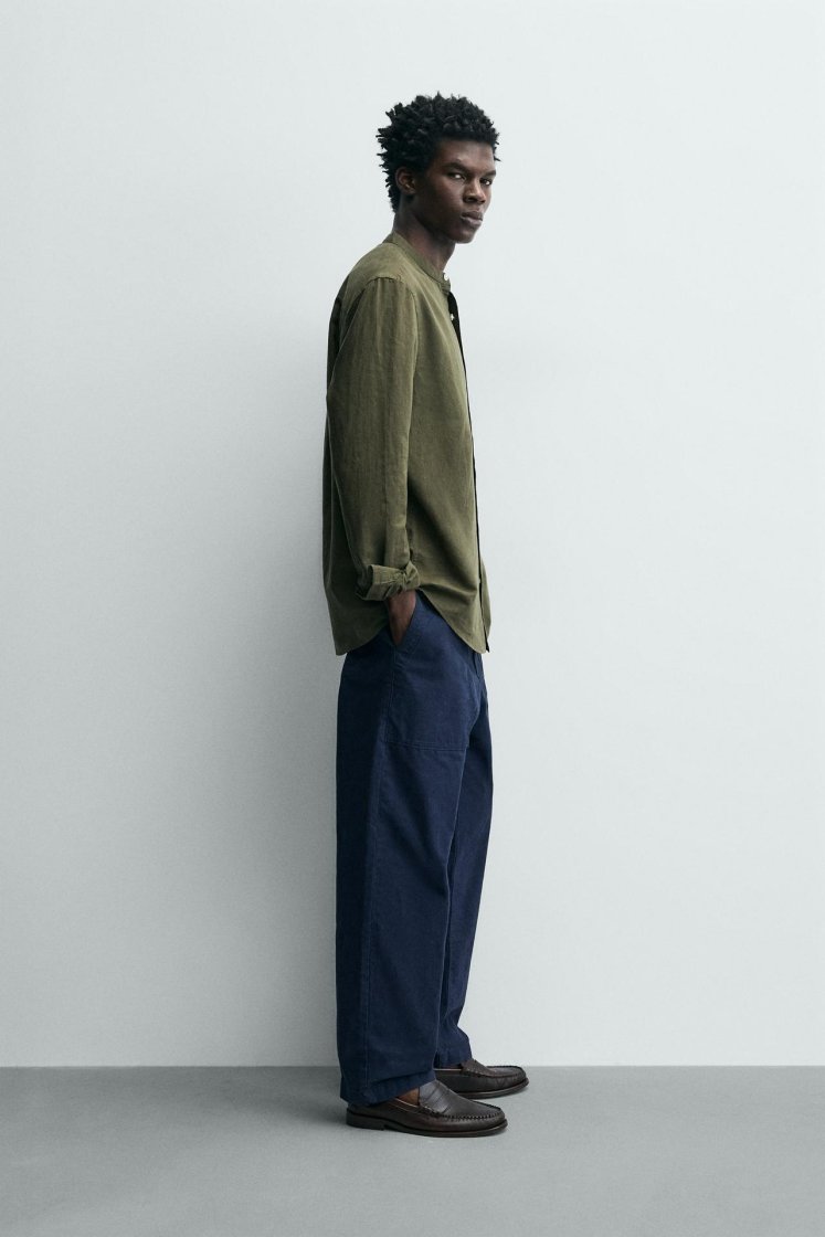 Zara Linen-Cotton Mandarin Shirt — Kaki