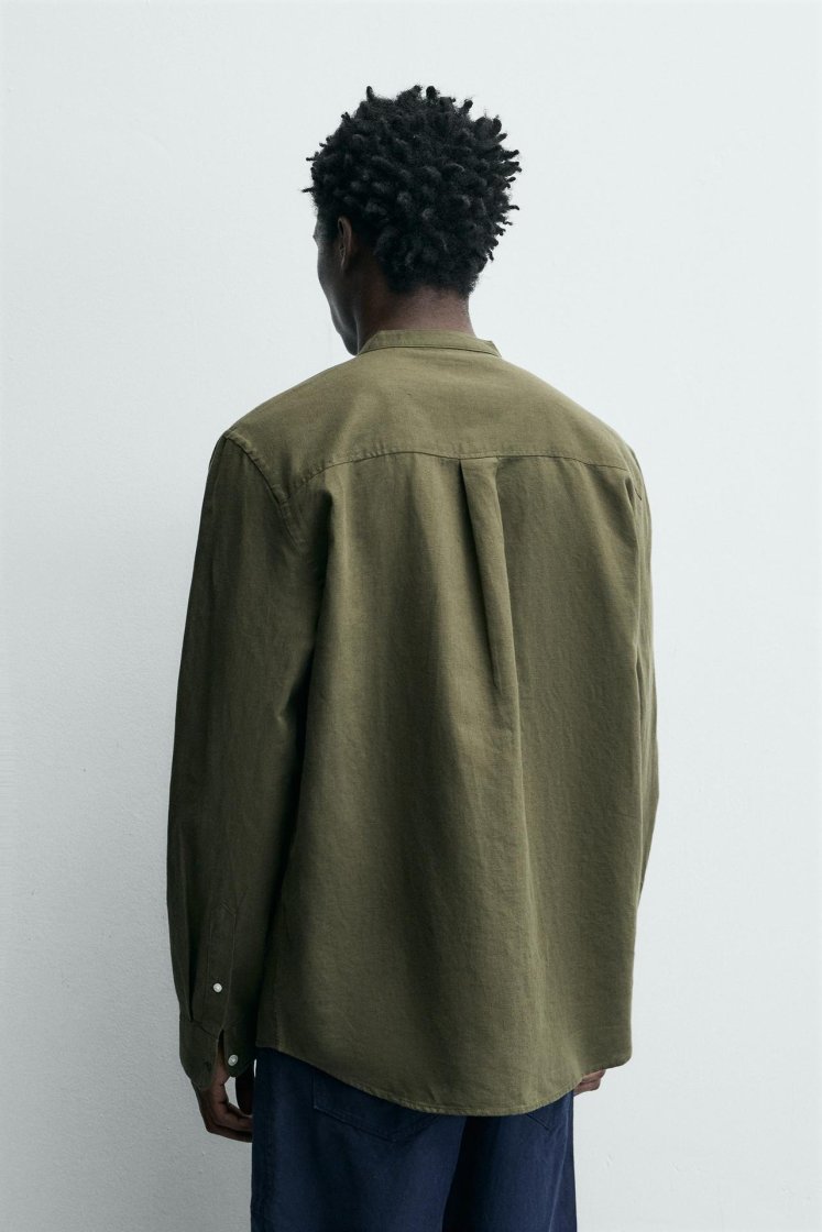 Zara Linen-Cotton Mandarin Shirt — Kaki