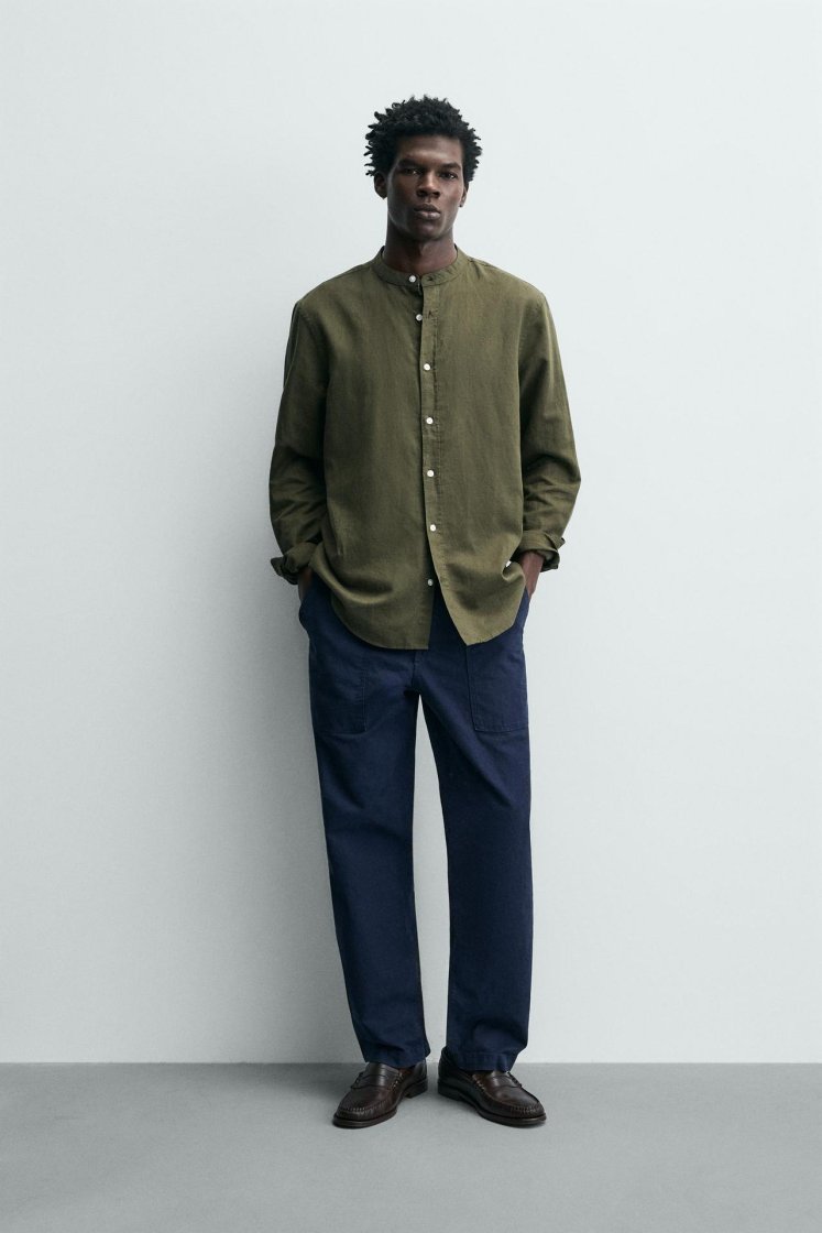 Zara Linen-Cotton Mandarin Shirt — Kaki