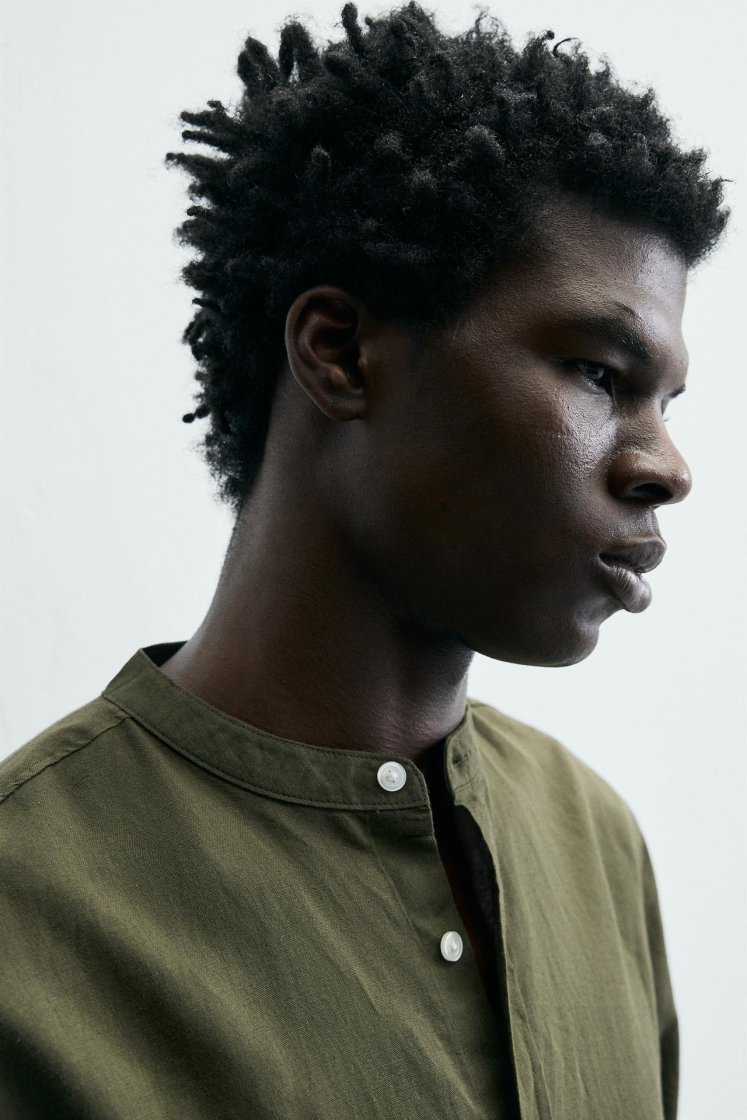 Zara Linen-Cotton Mandarin Shirt — Kaki