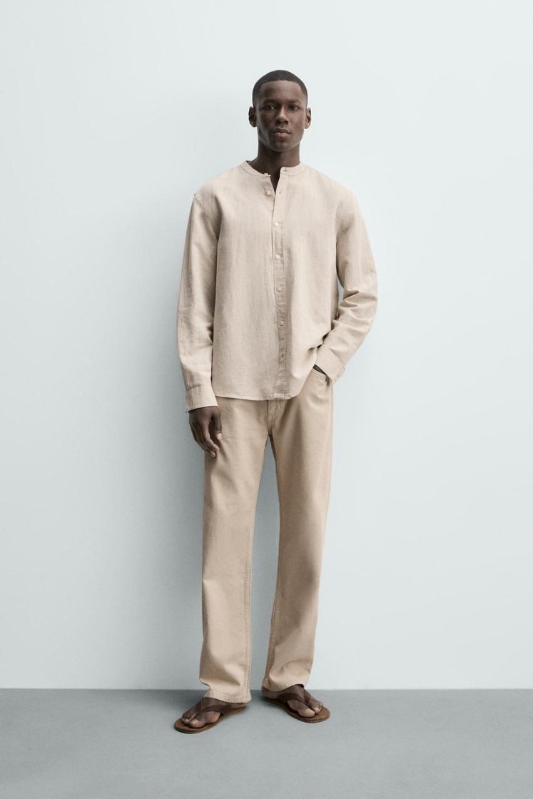 Zara Linen-Cotton Mandarin Shirt — Sand