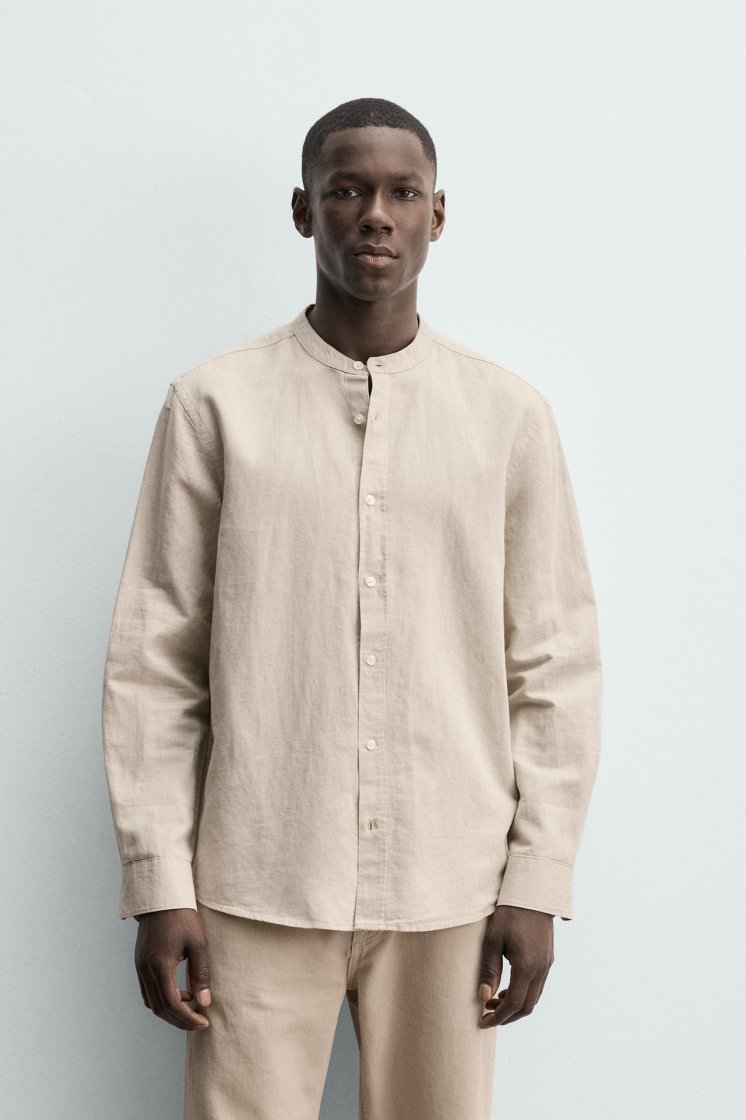 Zara Linen-Cotton Mandarin Shirt — Sand