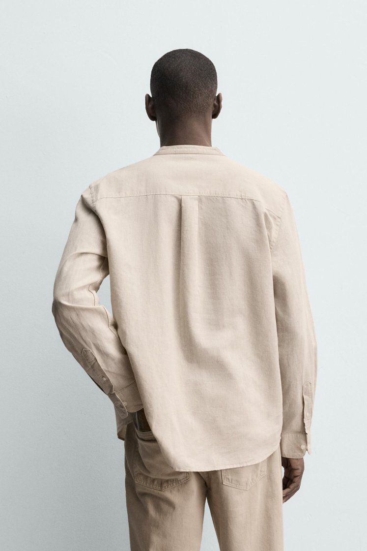 Zara Linen-Cotton Mandarin Shirt — Sand