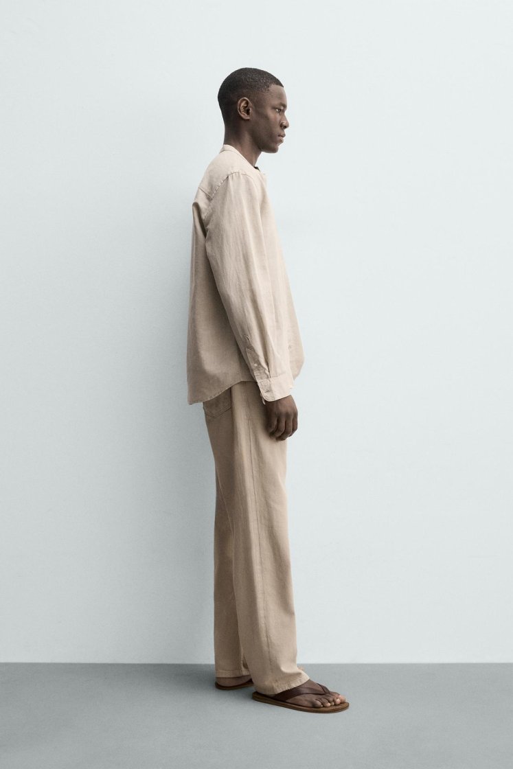 Zara Linen-Cotton Mandarin Shirt — Sand