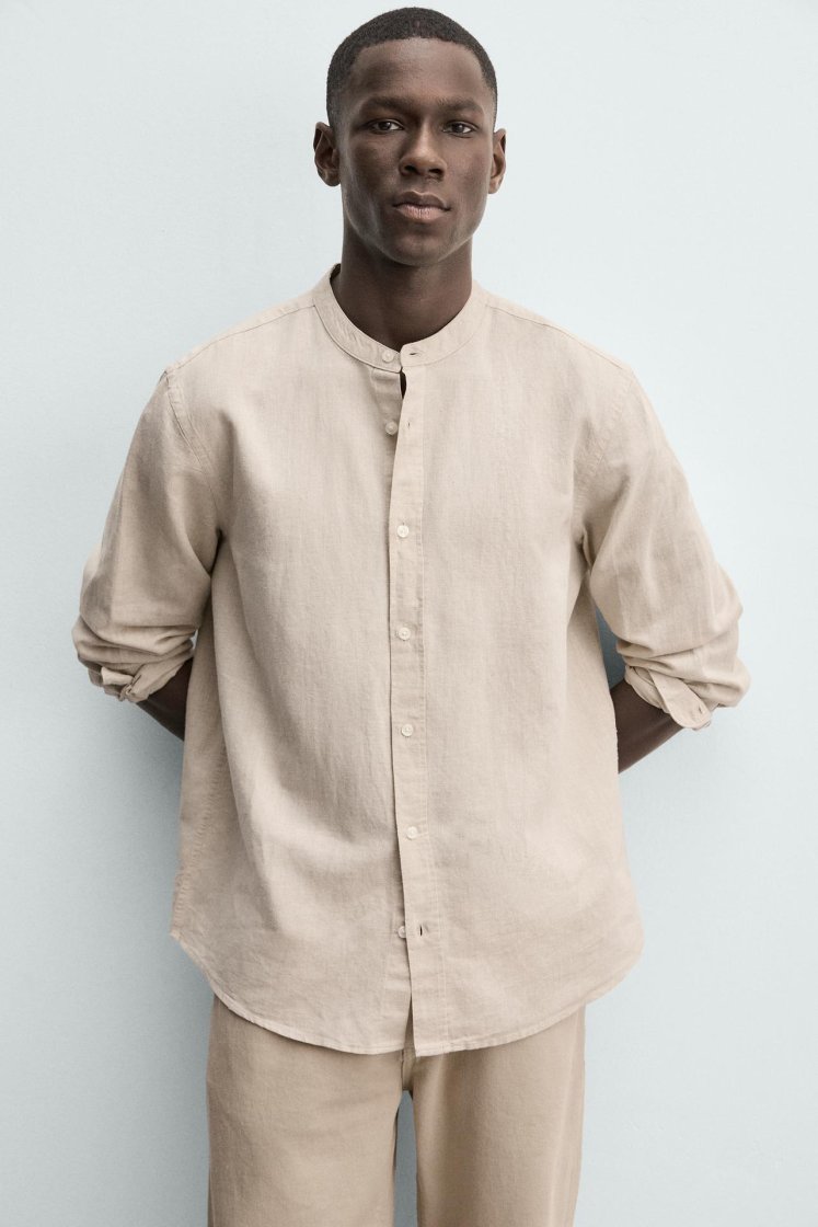 Zara Linen-Cotton Mandarin Shirt — Sand