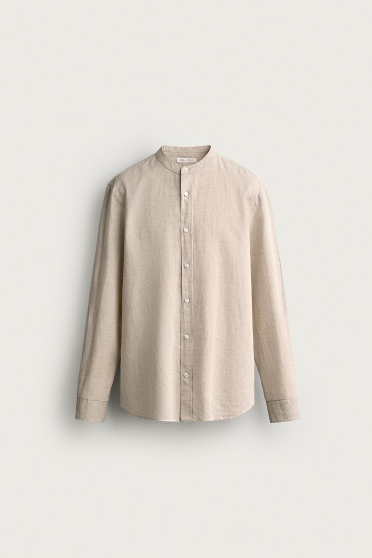 Zara Linen-Cotton Mandarin Shirt — Sand