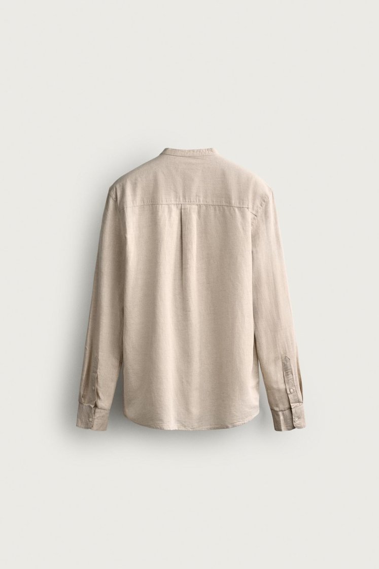 Zara Linen-Cotton Mandarin Shirt — Sand