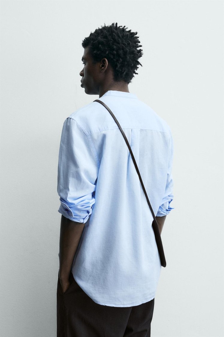 Zara Linen-Cotton Mandarin Shirt — Sky Blue