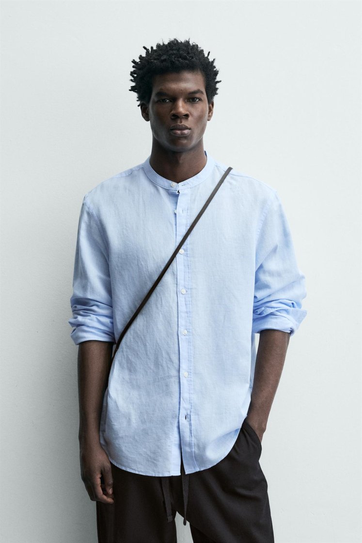 Zara Linen-Cotton Mandarin Shirt — Sky Blue