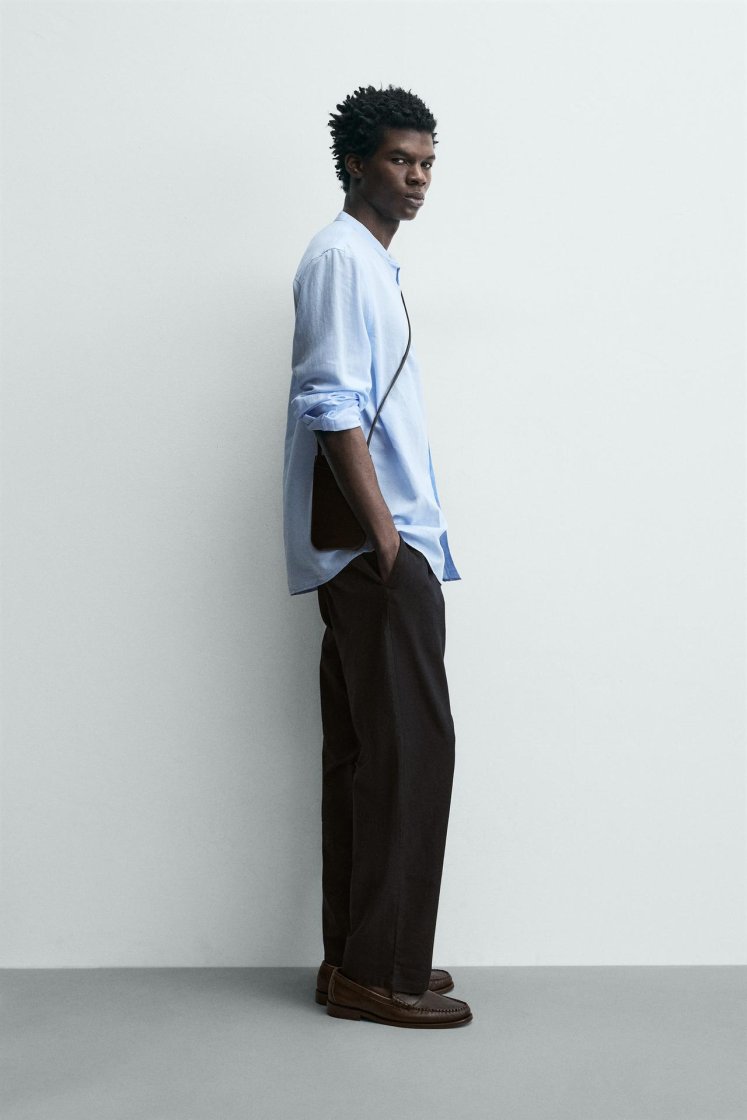 Zara Linen-Cotton Mandarin Shirt — Sky Blue
