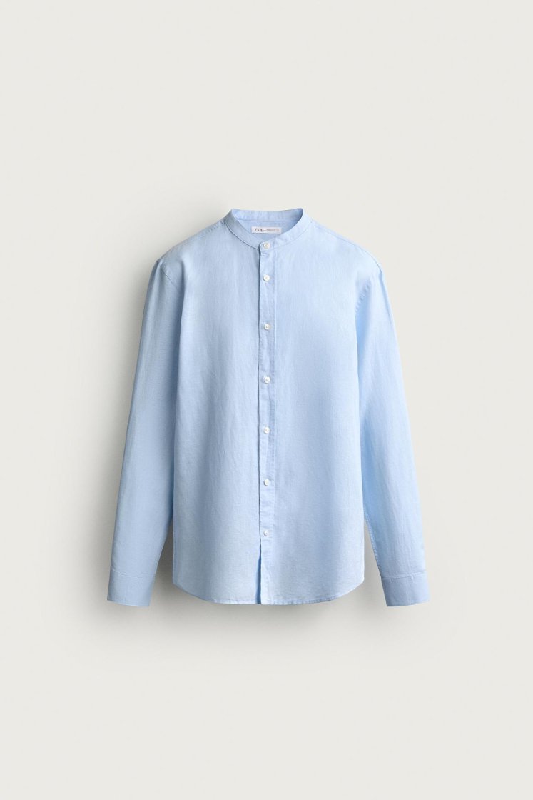 Zara Linen-Cotton Mandarin Shirt — Sky Blue