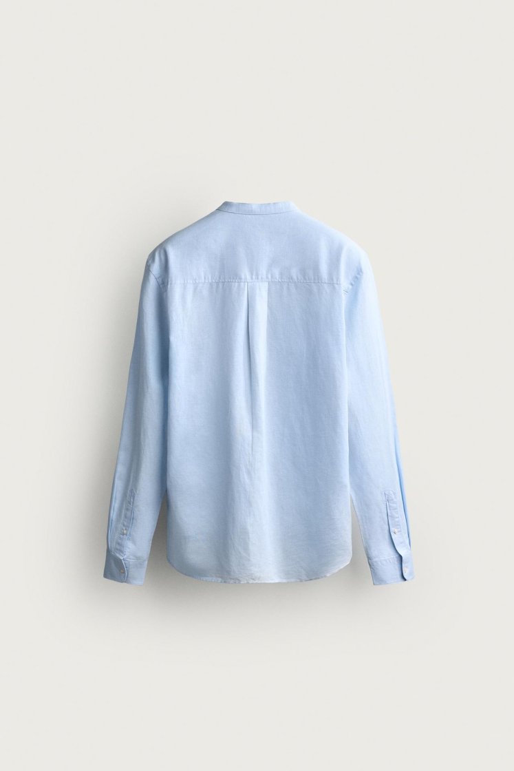 Zara Linen-Cotton Mandarin Shirt — Sky Blue