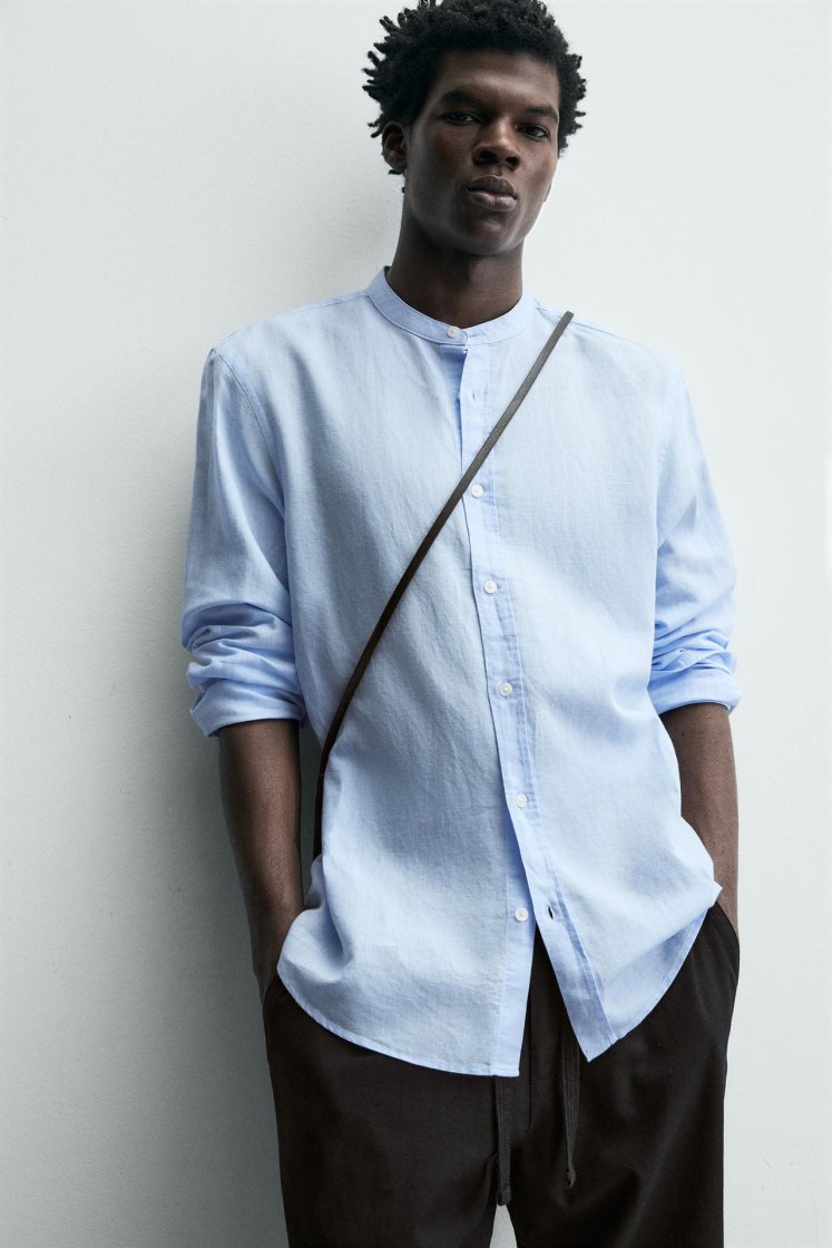 Zara Linen-Cotton Mandarin Shirt — Sky Blue