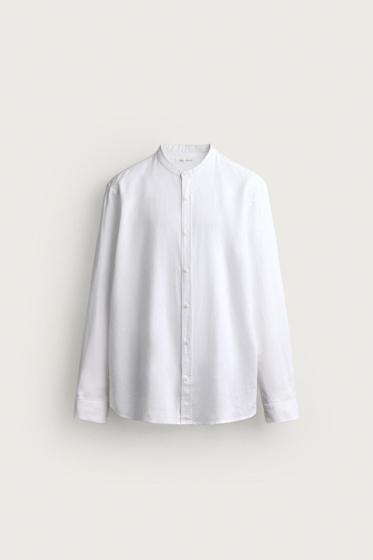Zara Linen-Cotton Mandarin Shirt — White