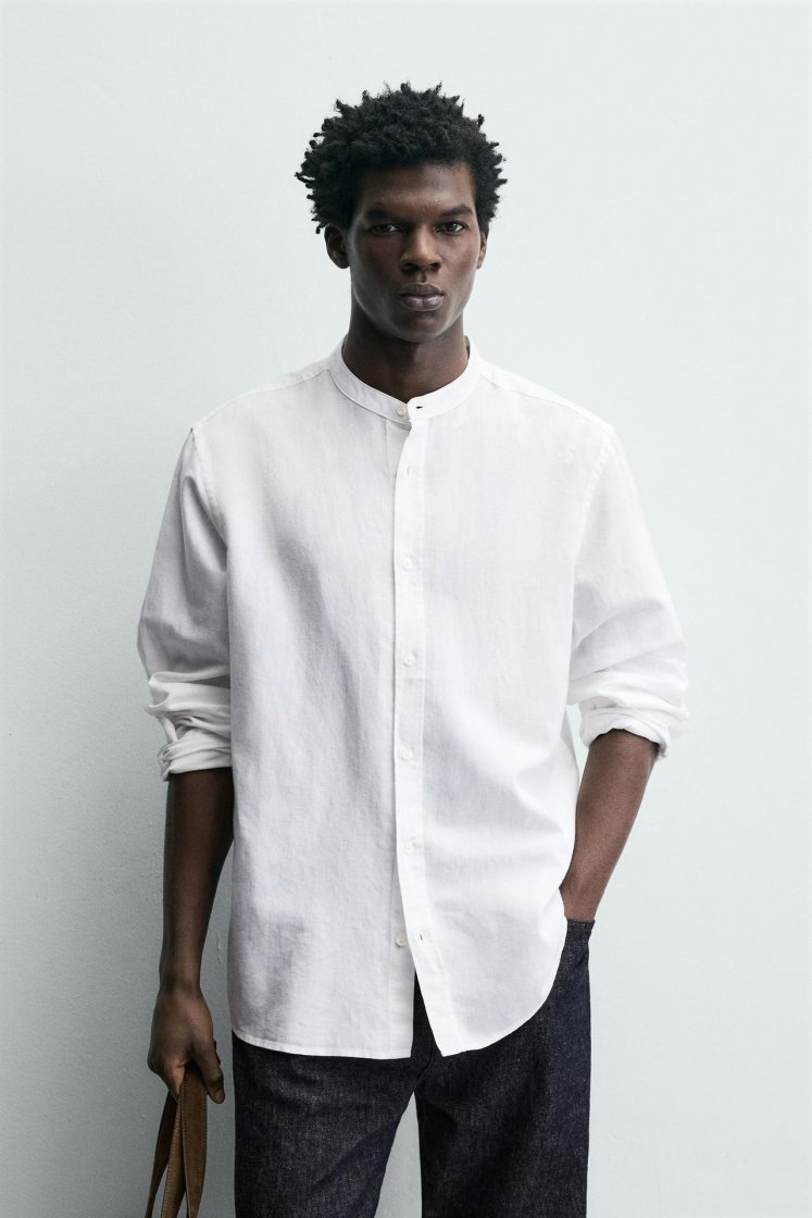 Zara Linen-Cotton Mandarin Shirt — White