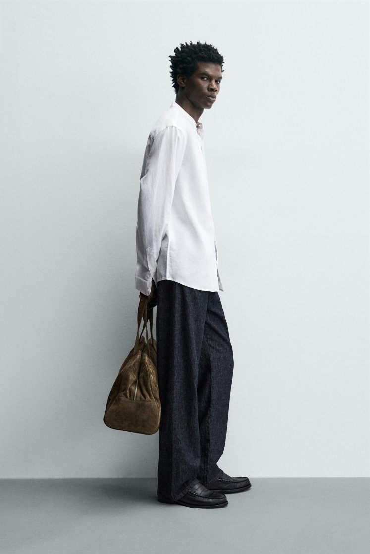 Zara Linen-Cotton Mandarin Shirt — White