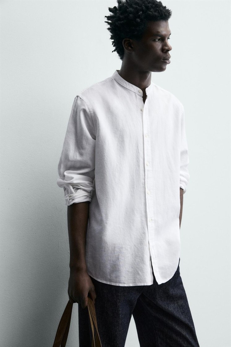 Zara Linen-Cotton Mandarin Shirt — White