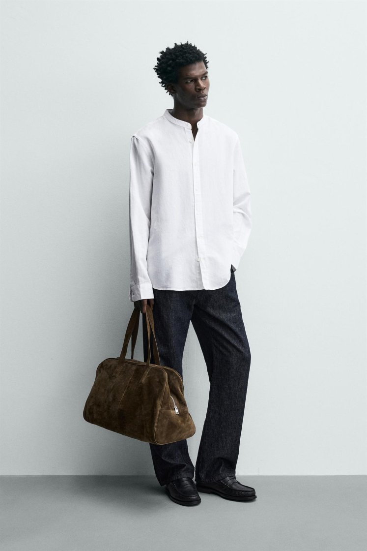 Zara Linen-Cotton Mandarin Shirt — White
