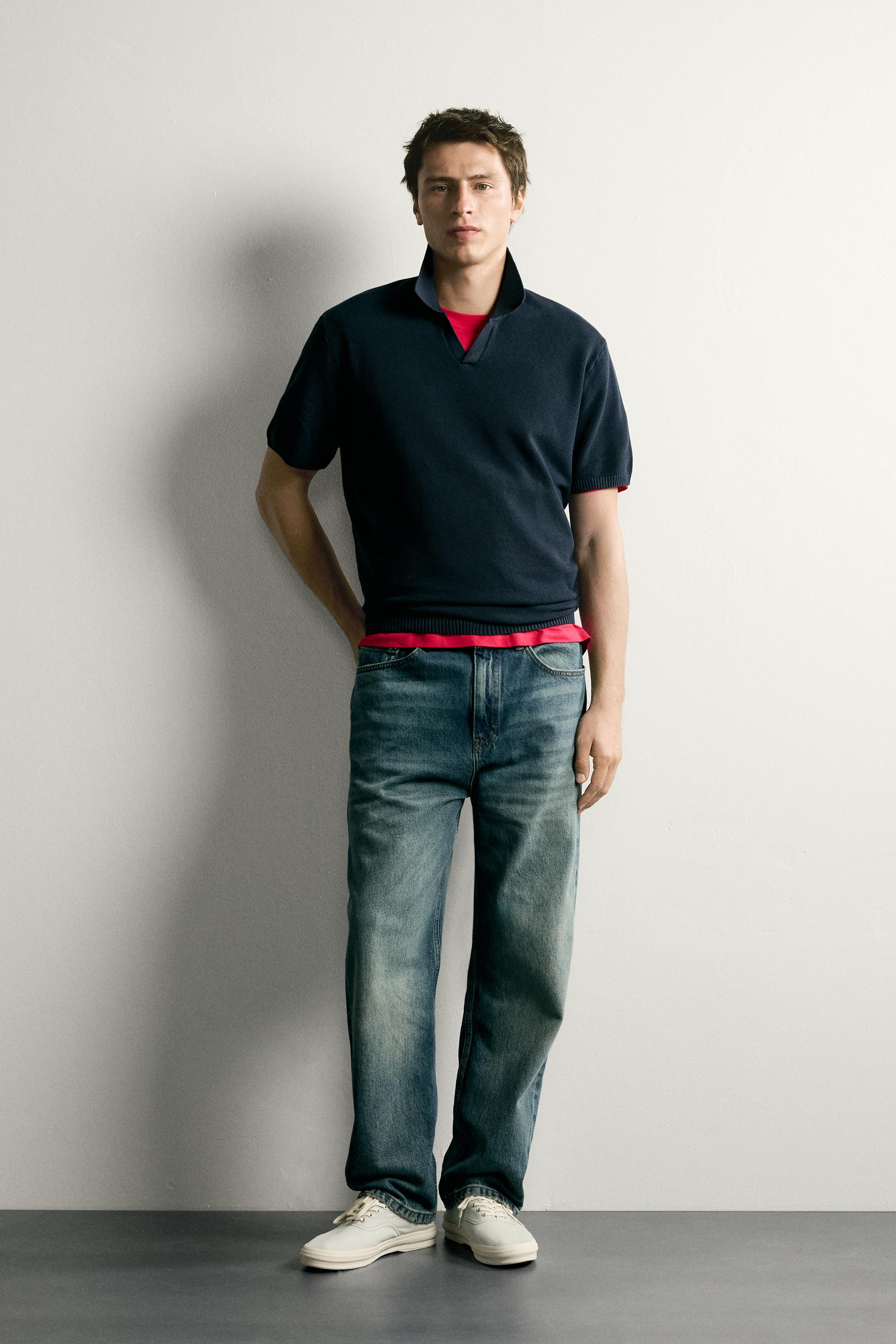 Zara Structured Knit Polo Regular Fit — Bleu marine