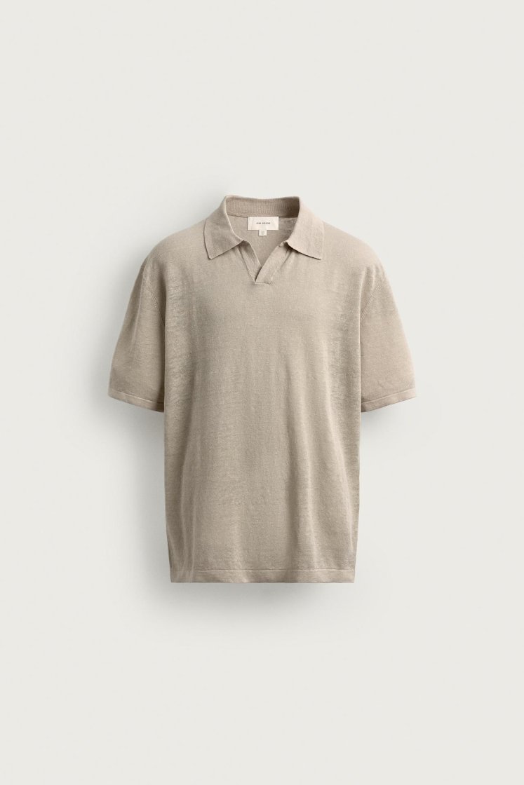 Zara Linen Polo Regular Fit — Kaki