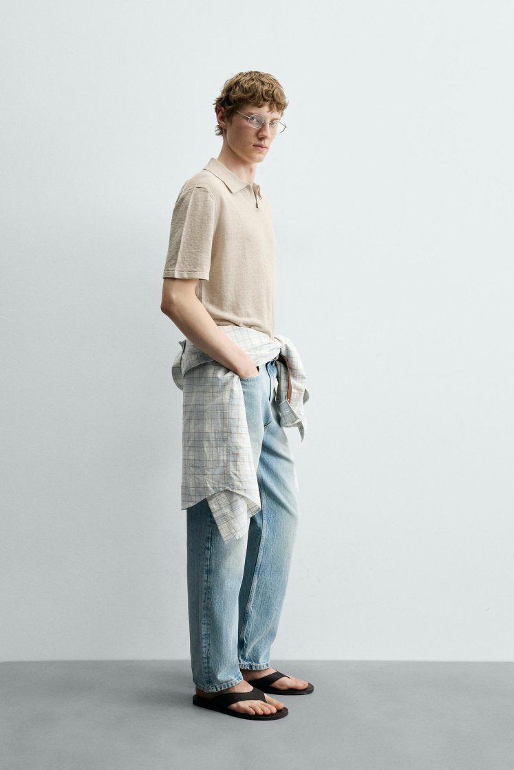 Zara Linen Polo Regular Fit — Kaki