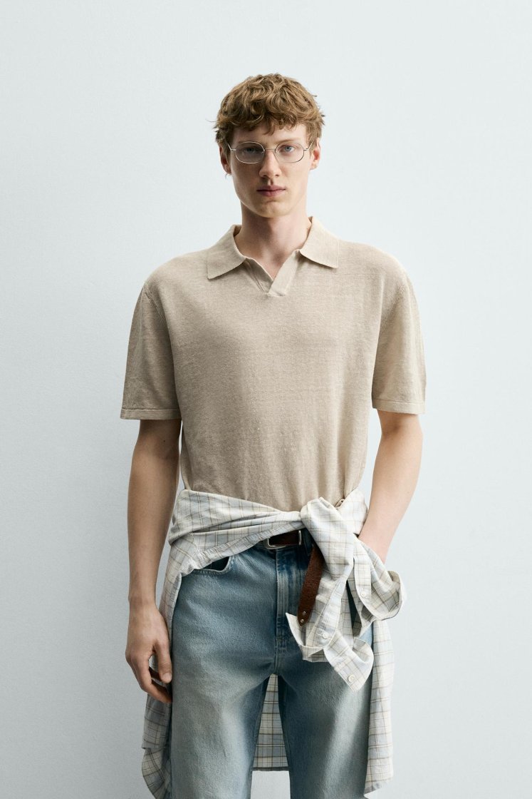 Zara Linen Polo Regular Fit — Kaki