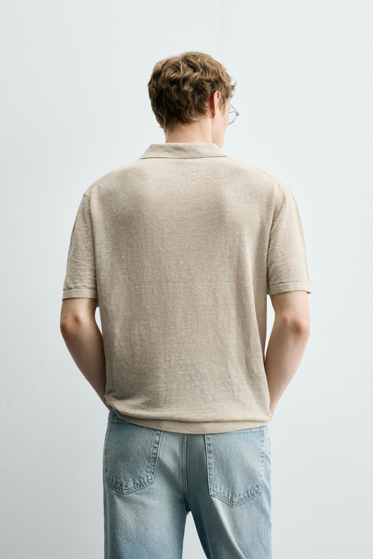 Zara Linen Polo Regular Fit — Kaki
