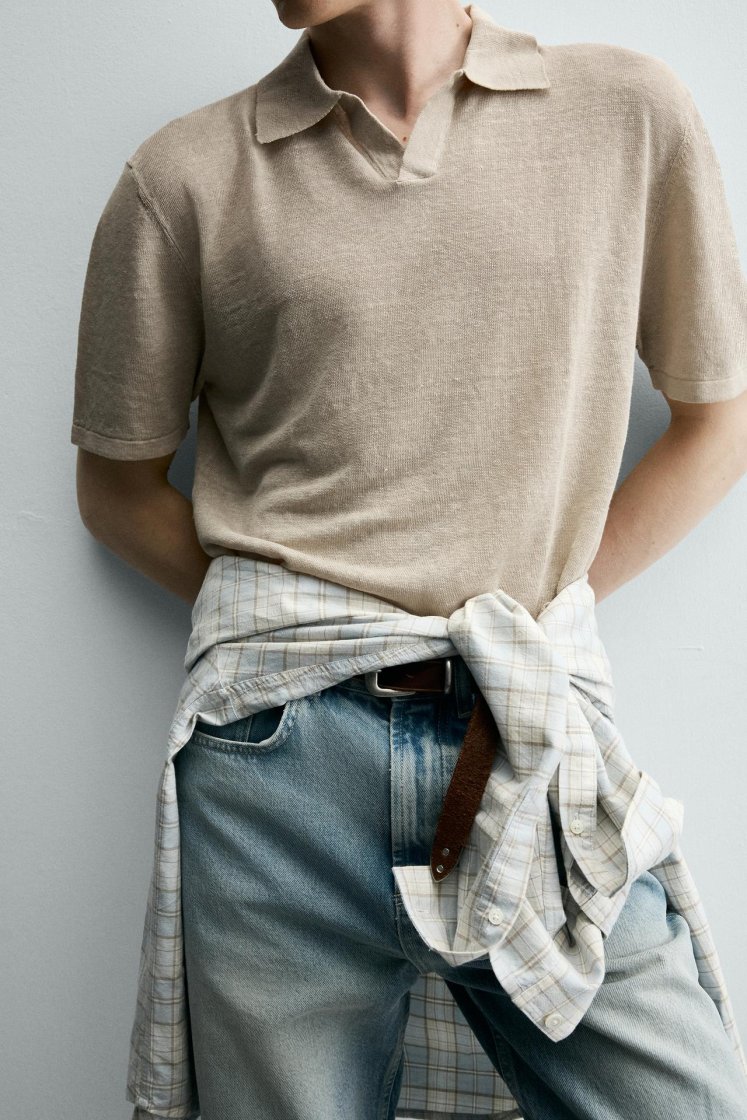Zara Linen Polo Regular Fit — Kaki