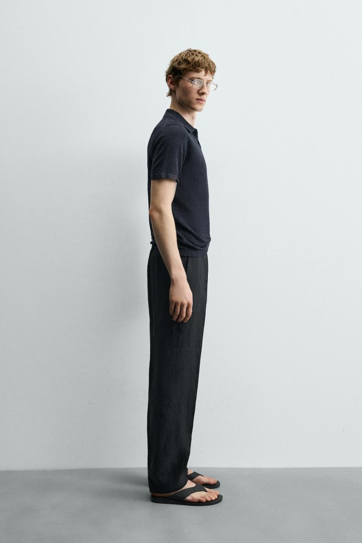 Zara Linen Polo Regular Fit — Bleu marine foncé