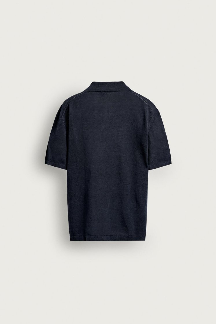 Zara Linen Polo Regular Fit — Bleu marine foncé