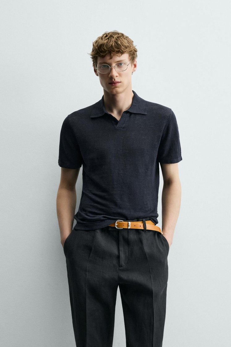 Zara Linen Polo Regular Fit — Bleu marine foncé