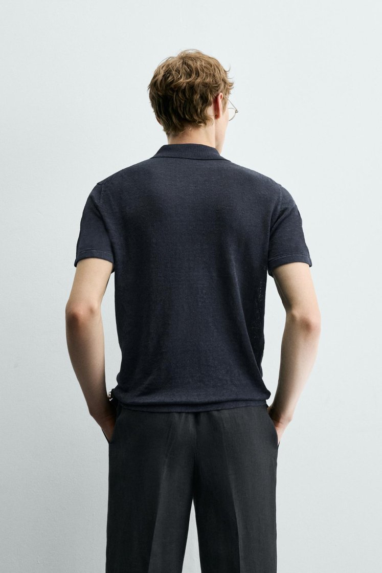 Zara Linen Polo Regular Fit — Bleu marine foncé